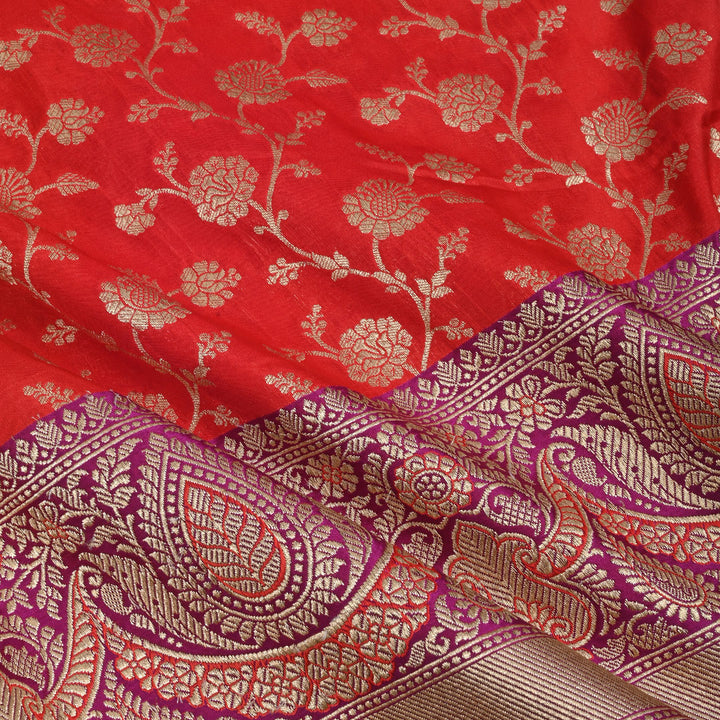 Pigment Red Banarasi Fabric With Floral Jaal Pattern