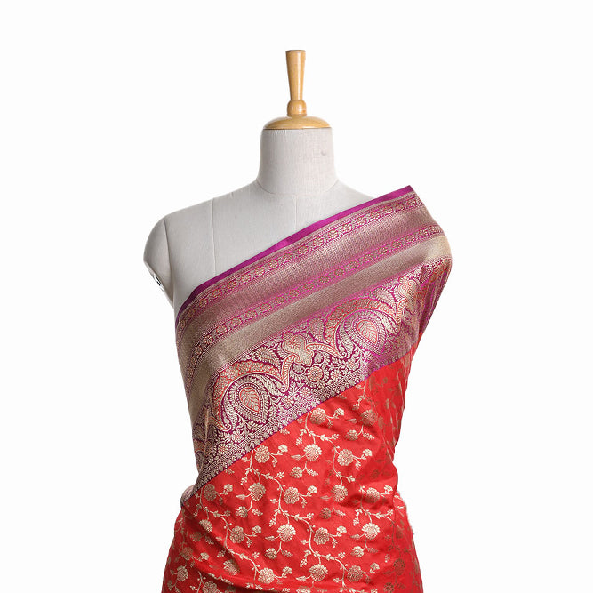 Pigment Red Banarasi Fabric With Floral Jaal Pattern