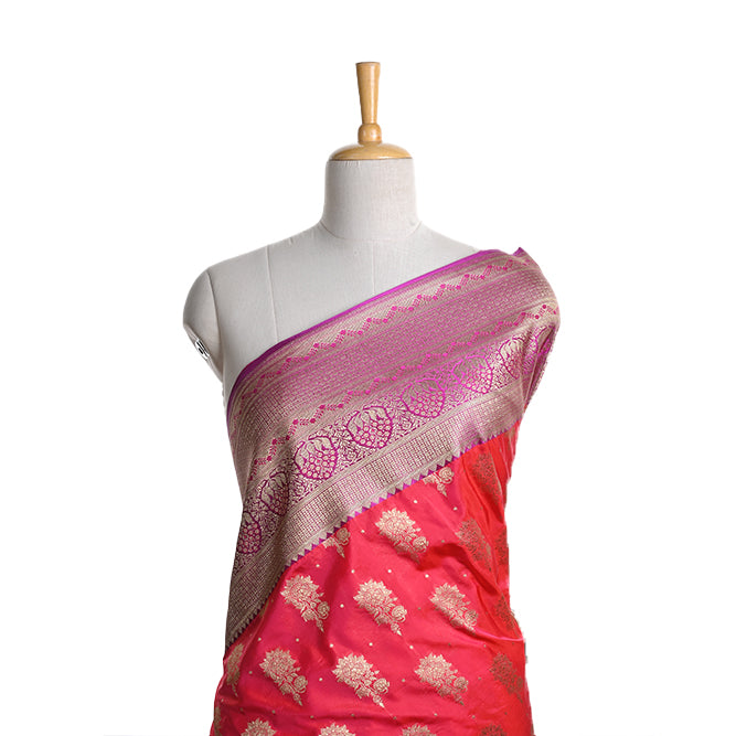 Neon Fuchsia Pink Banarasi Fabric With Floral Butti Pattern