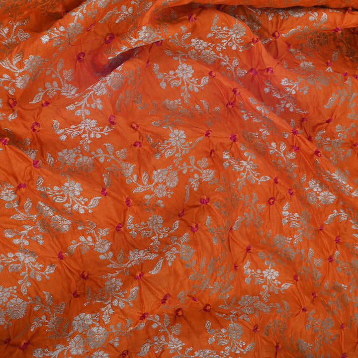 Bright Orange Banarsi Silk Fabric With Bandihini Pattern