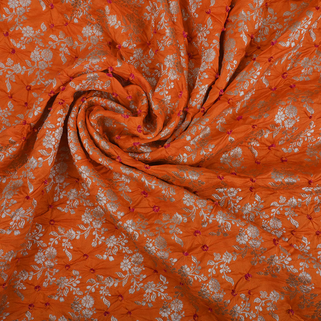 Bright Orange Banarsi Silk Fabric With Bandihini Pattern