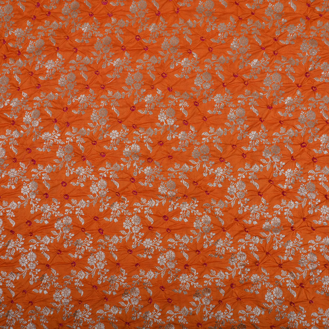 Bright Orange Banarsi Silk Fabric With Bandihini Pattern