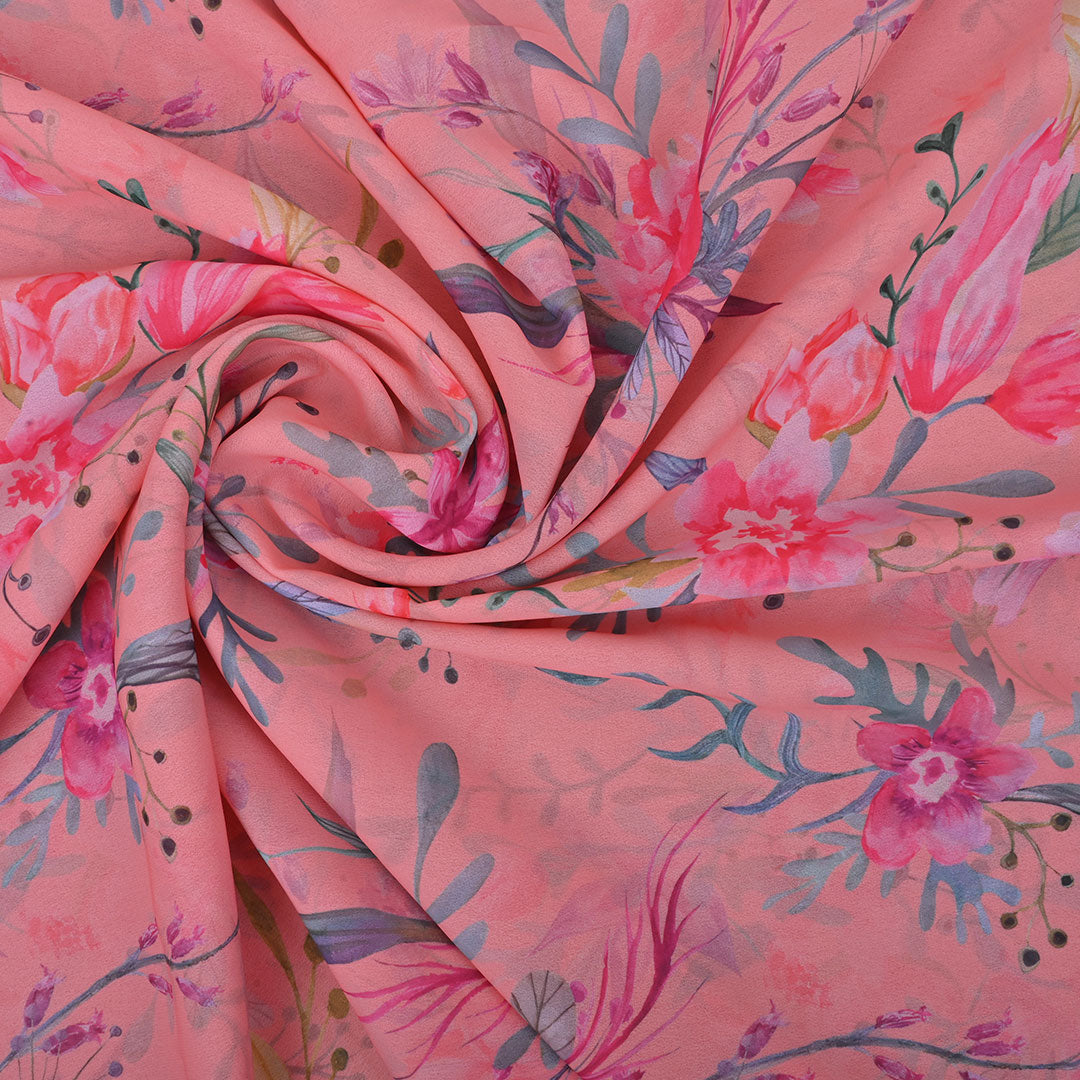 Salmon Pink Printed Georgette Fabric With Floral Pattern