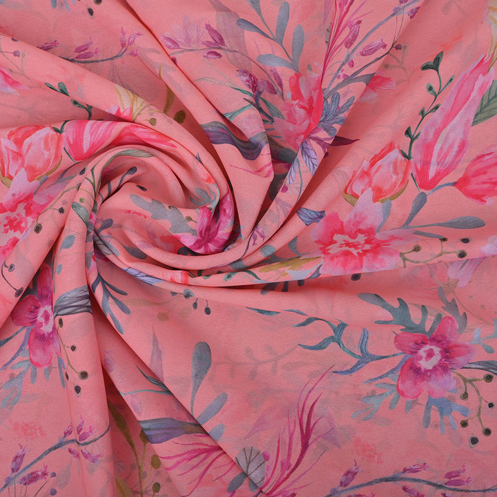 Salmon Pink Printed Georgette Fabric With Floral Pattern