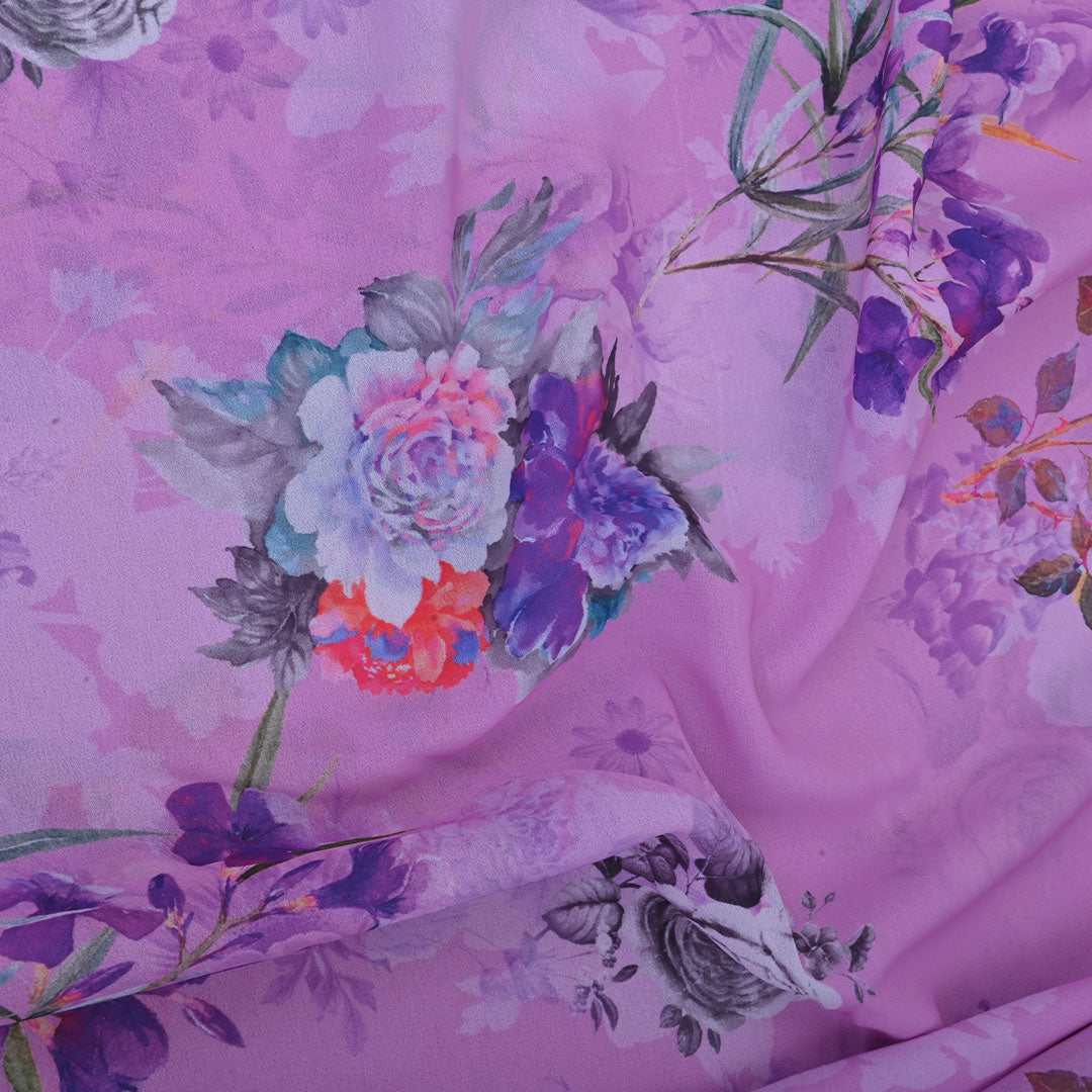 Medium Orchid Printed Georgette Fabric With Floral Pattern