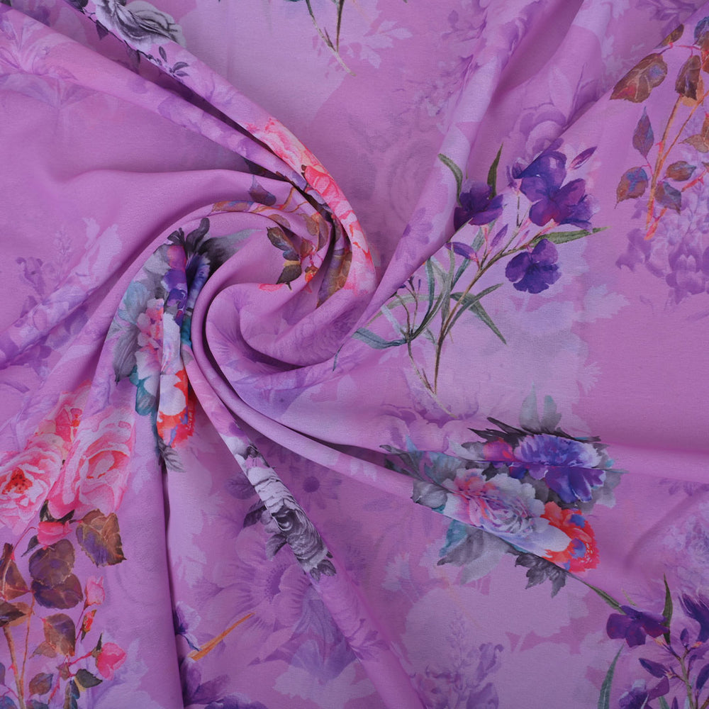 Medium Orchid Printed Georgette Fabric With Floral Pattern