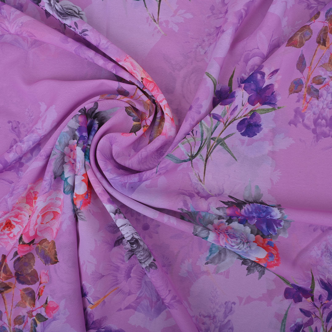 Medium Orchid Printed Georgette Fabric With Floral Pattern