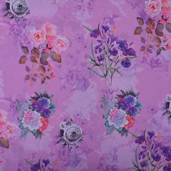 Medium Orchid Printed Georgette Fabric With Floral Pattern