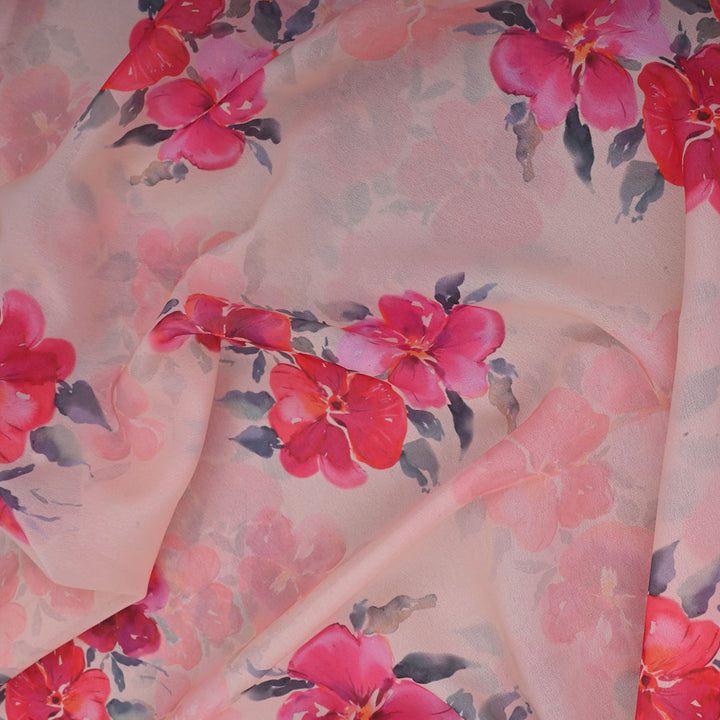 Pastel Pink Printed Georgette Fabric With Floral Pattern