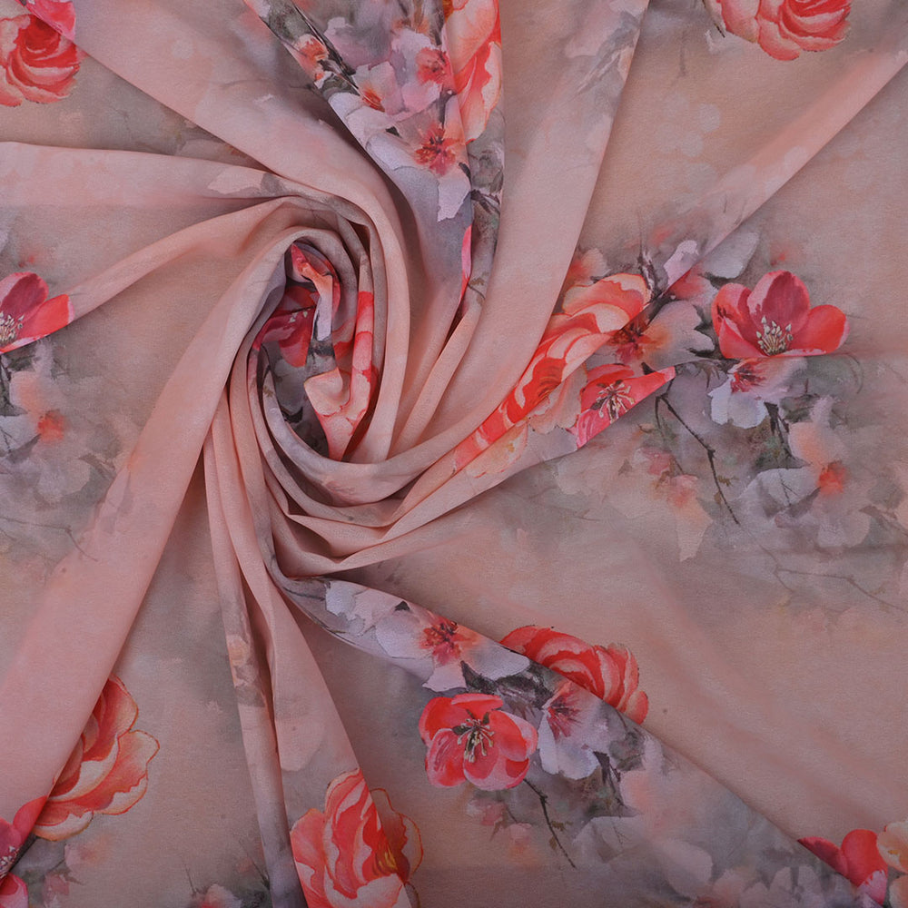 Pastel Peach Printed Georgette Fabric With Floral Pattern