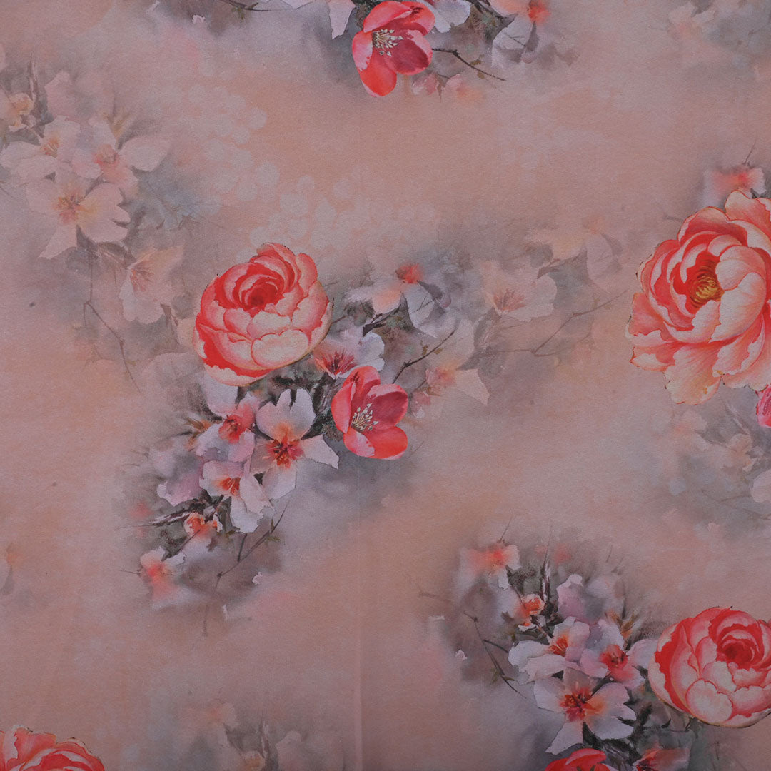 Pastel Peach Printed Georgette Fabric With Floral Pattern