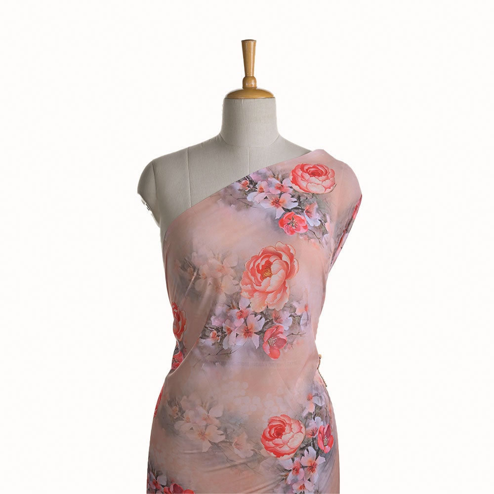 Pastel Peach Printed Georgette Fabric With Floral Pattern