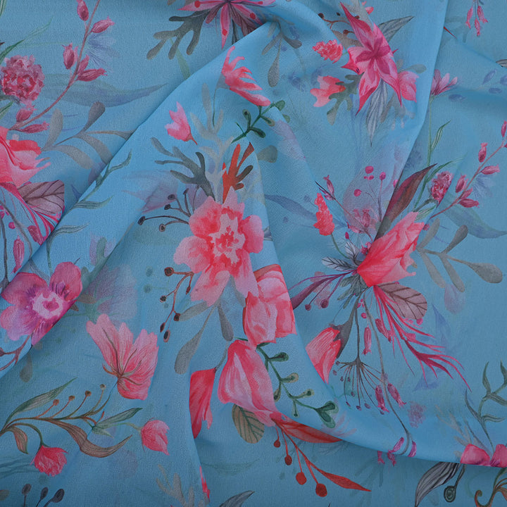 Carolina Blue Printed Georgette Fabric With Floral Pattern