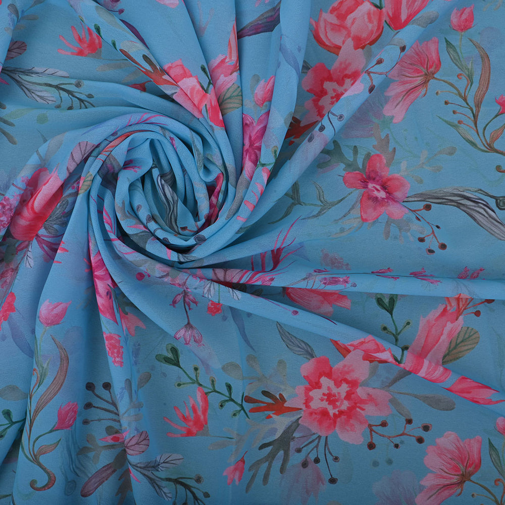 Carolina Blue Printed Georgette Fabric With Floral Pattern