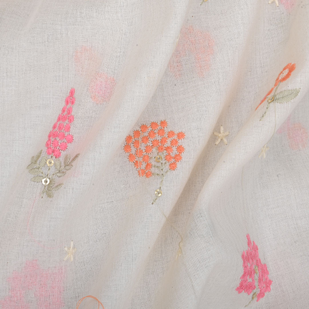 Cream White Embroidered Cotton Fabric