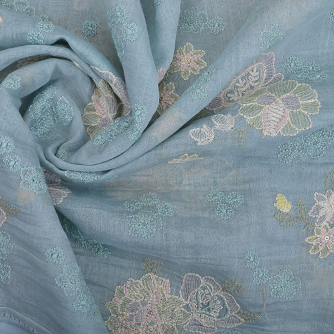 Beau Blue Embroidered Chanderi Fabric