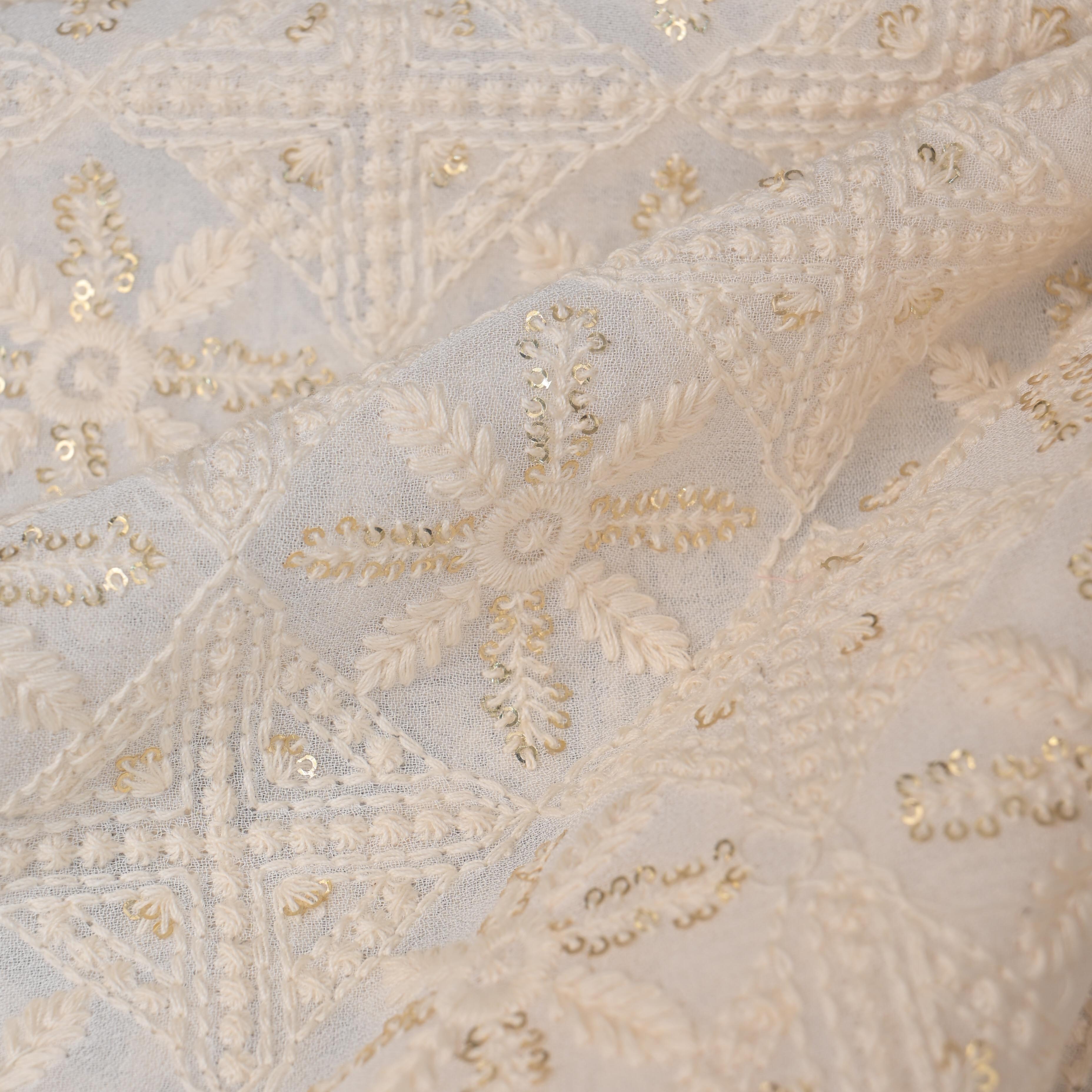 Alabaster White Georgette Fabric With Thread Work Embroidery