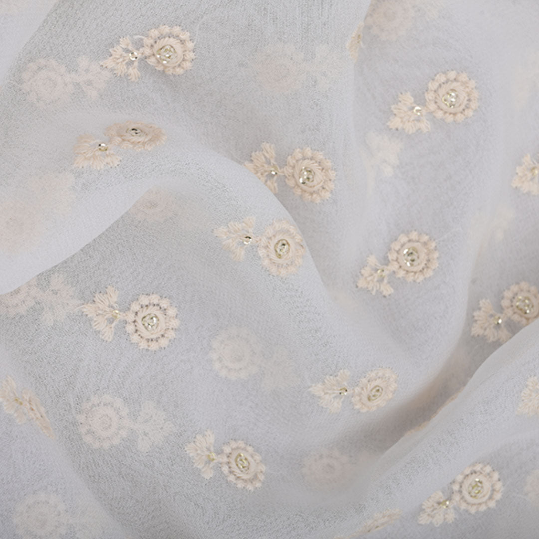 Pristine White Embroidered Georgette Fabric