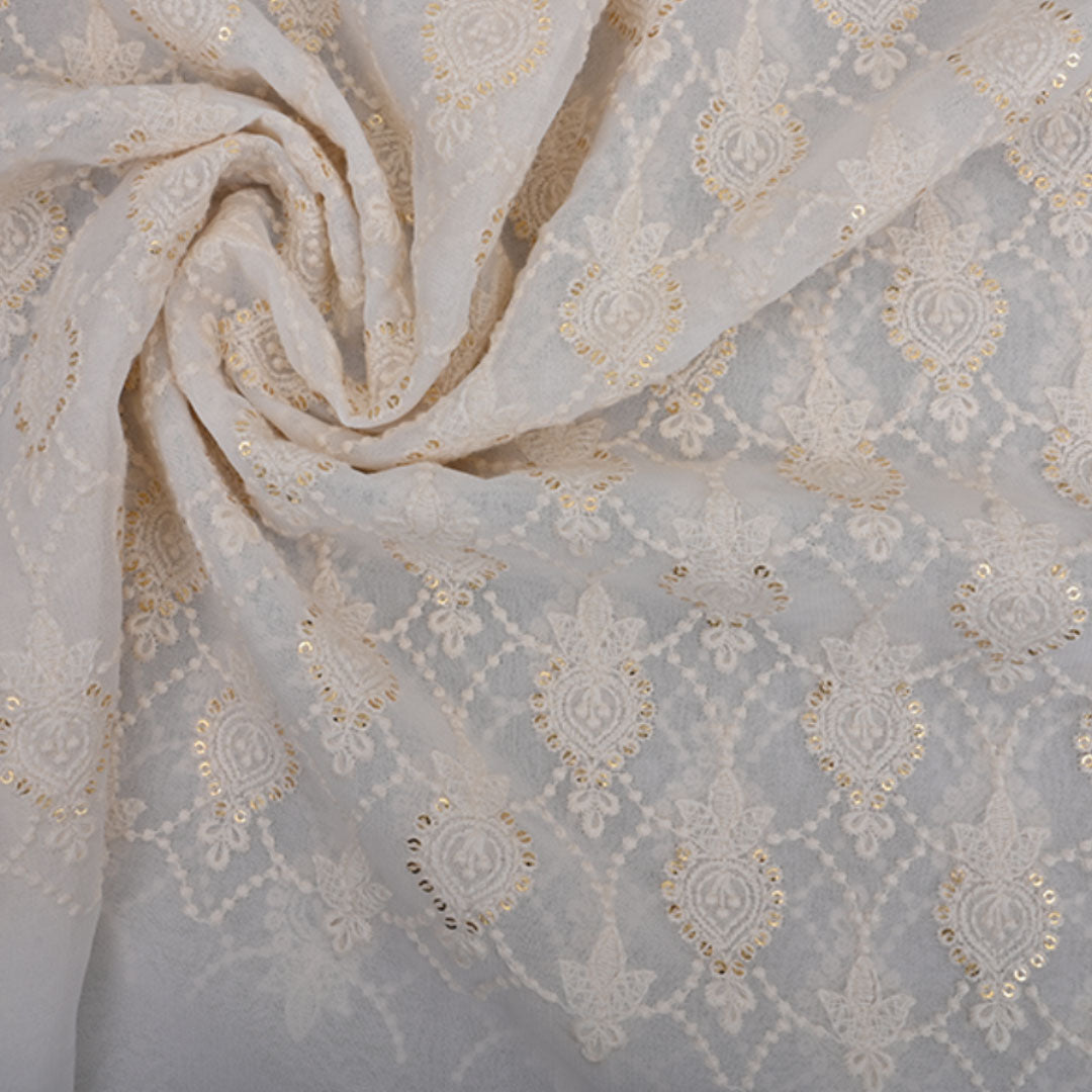 Elegant White Embroided Georgette Fabric