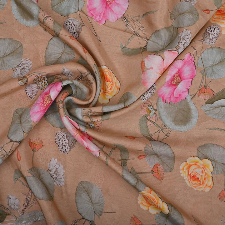 Light Beige Printed Satin Fabric With Floral Pattern