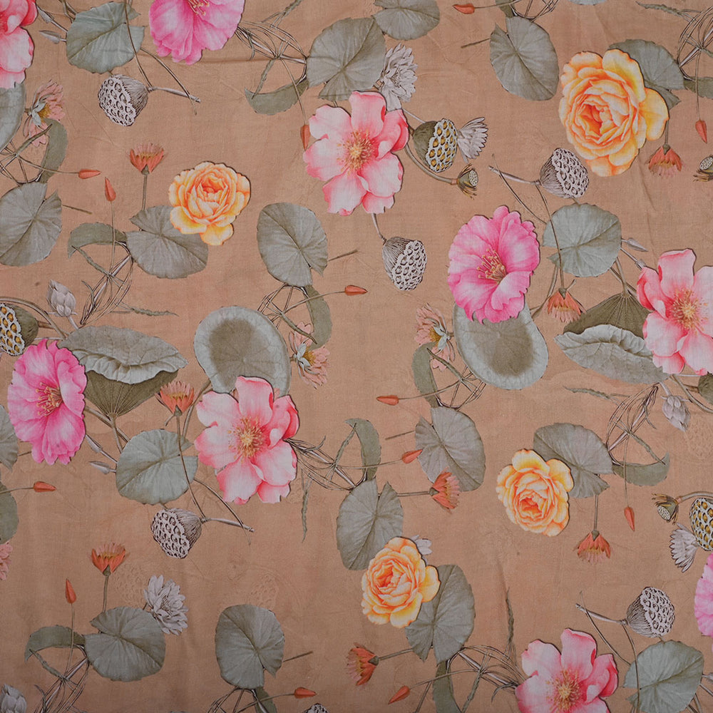 Light Beige Printed Satin Fabric With Floral Pattern