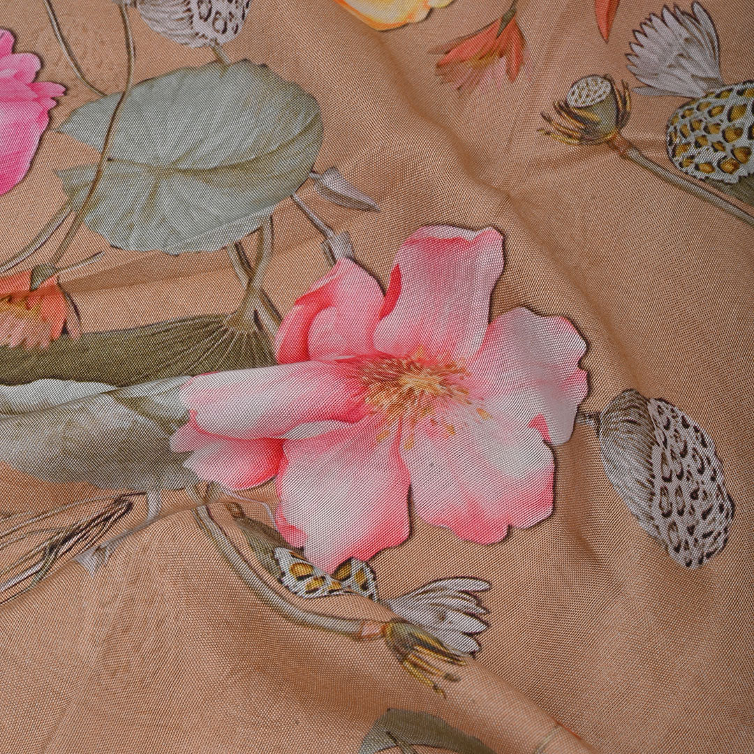 Light Beige Printed Satin Fabric With Floral Pattern