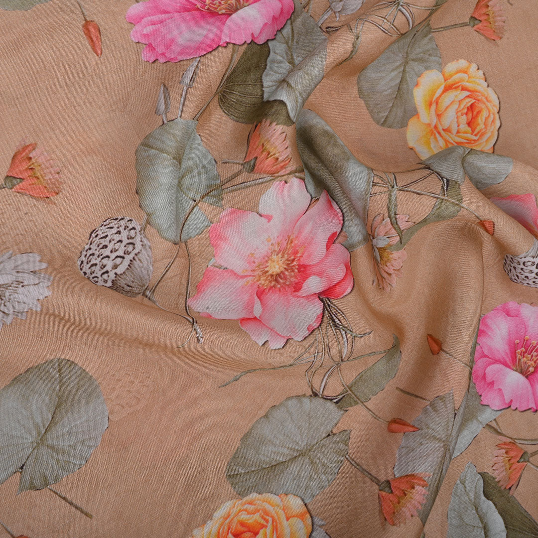 Light Beige Printed Satin Fabric With Floral Pattern