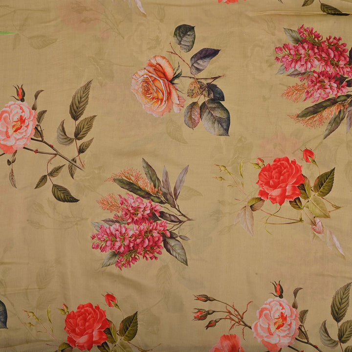 Bright Beige Printed Satin Fabric With Floral Pattern