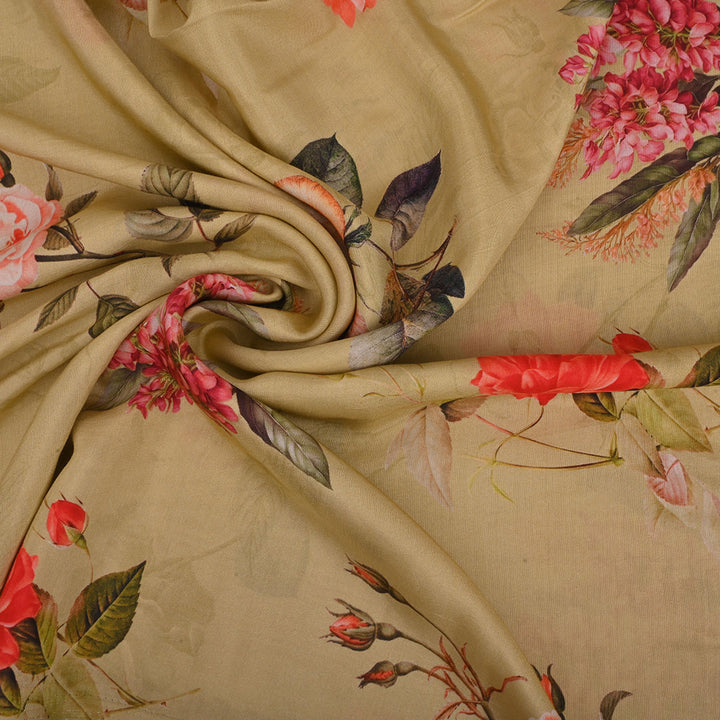 Bright Beige Printed Satin Fabric With Floral Pattern