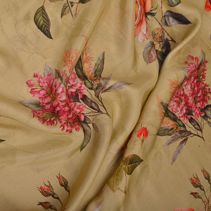 Bright Beige Printed Satin Fabric With Floral Pattern