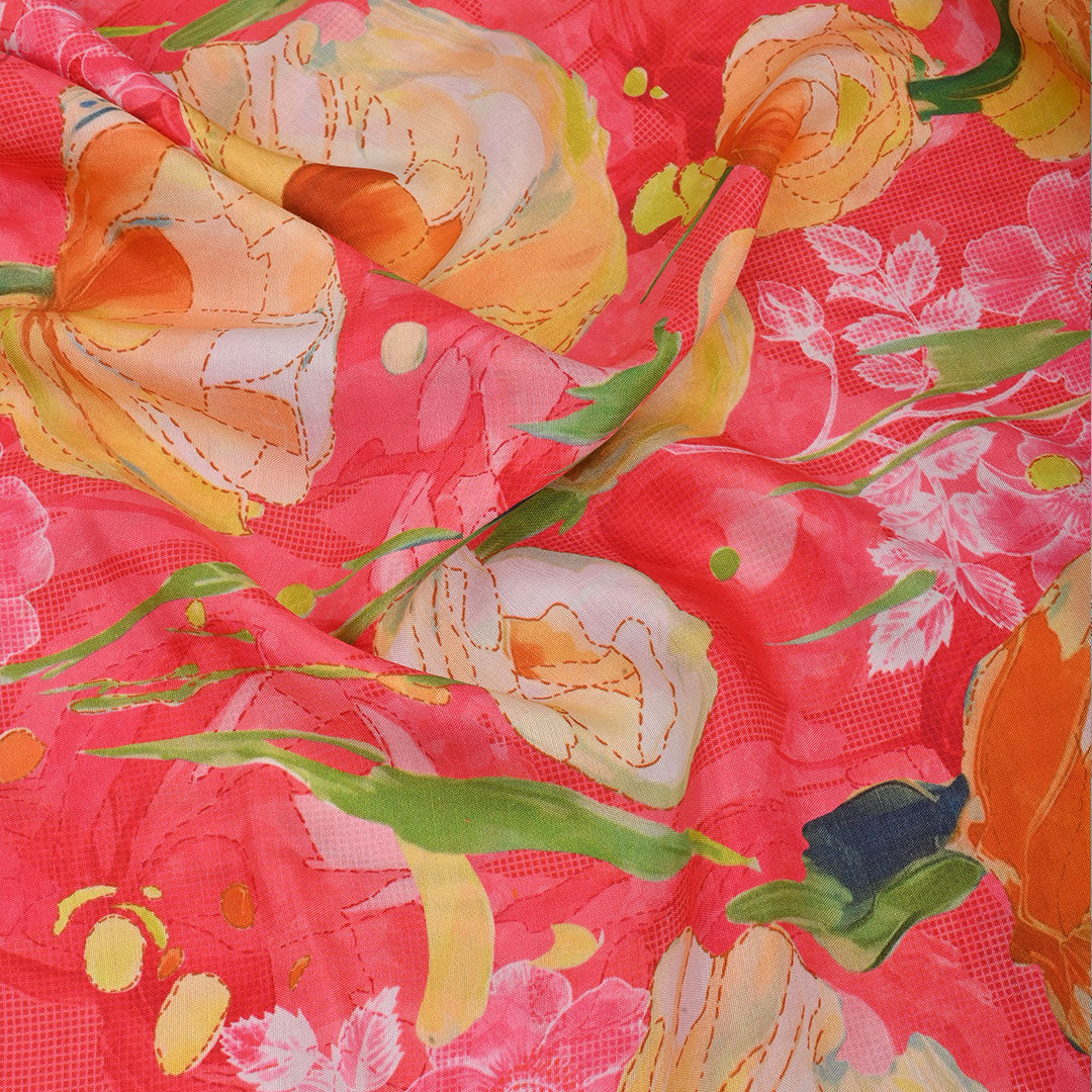 Watermelon Pink Printed Satin Fabric With Floral Pattern