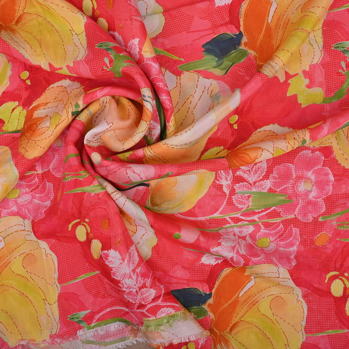 Watermelon Pink Printed Satin Fabric With Floral Pattern