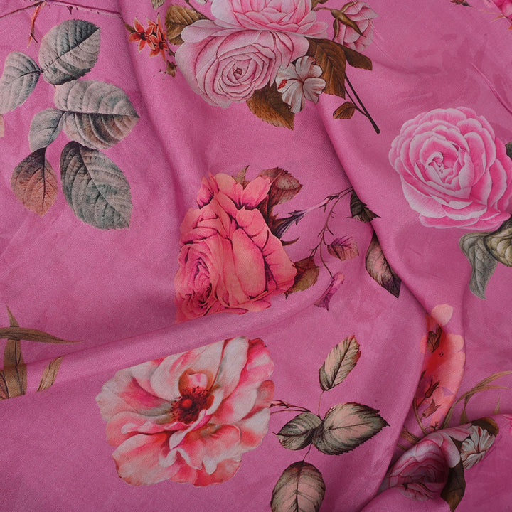 Magenta Purple Printed Satin Fabric With Floral Pattern