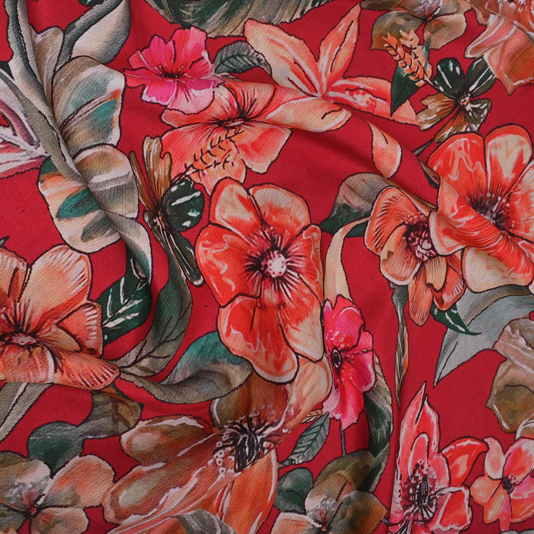 Fire Brick Red Printed Satin Fabric With Floral Pattern