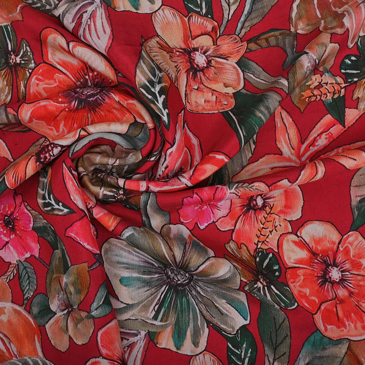 Fire Brick Red Printed Satin Fabric With Floral Pattern