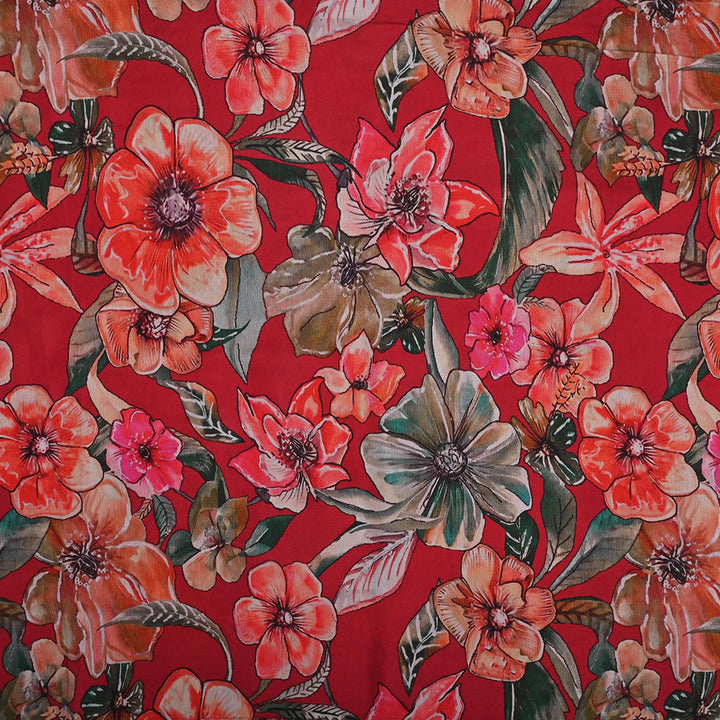 Fire Brick Red Printed Satin Fabric With Floral Pattern