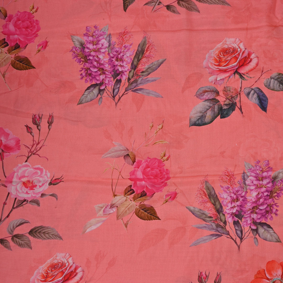 Vibrant Salmon Peach Printed Satin Fabric