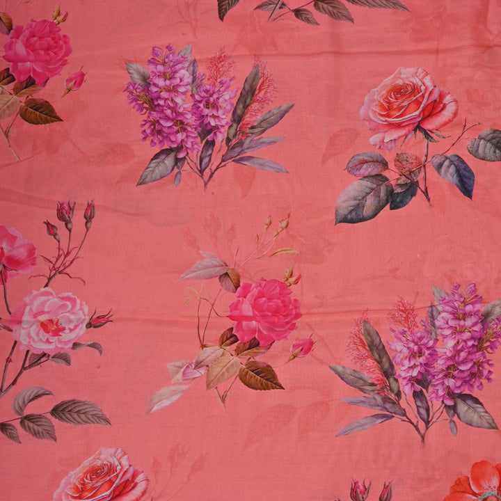 Vibrant Salmon Peach Printed Satin Fabric