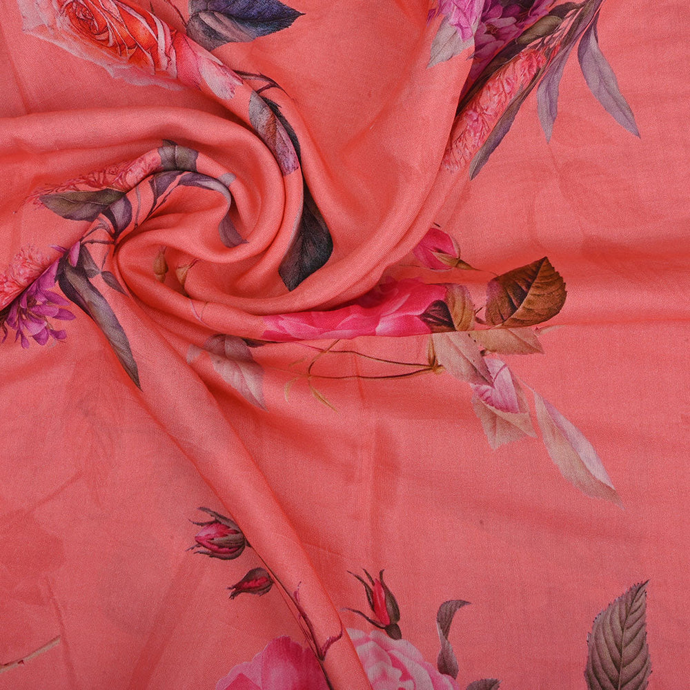 Vibrant Salmon Peach Printed Satin Fabric