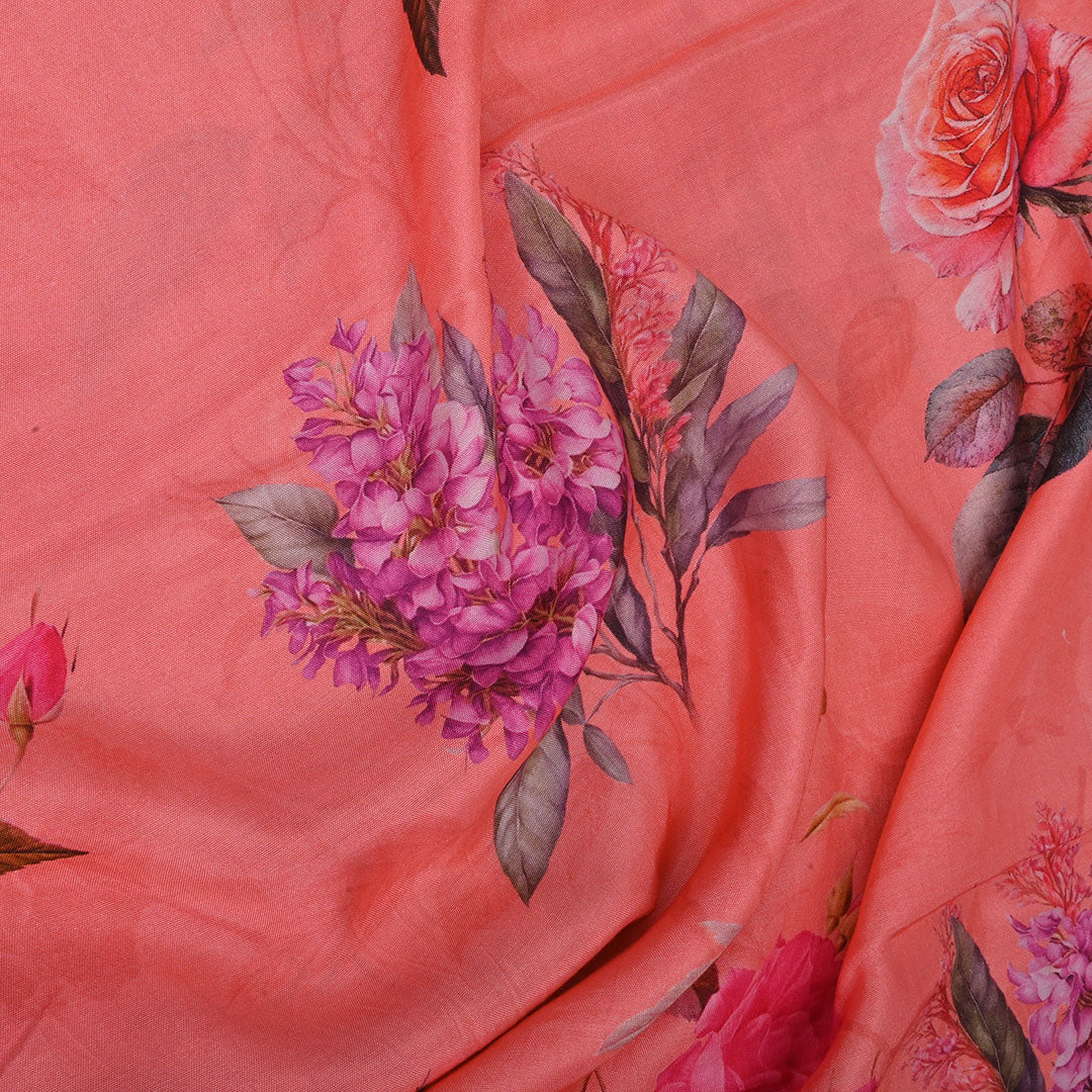 Vibrant Salmon Peach Printed Satin Fabric