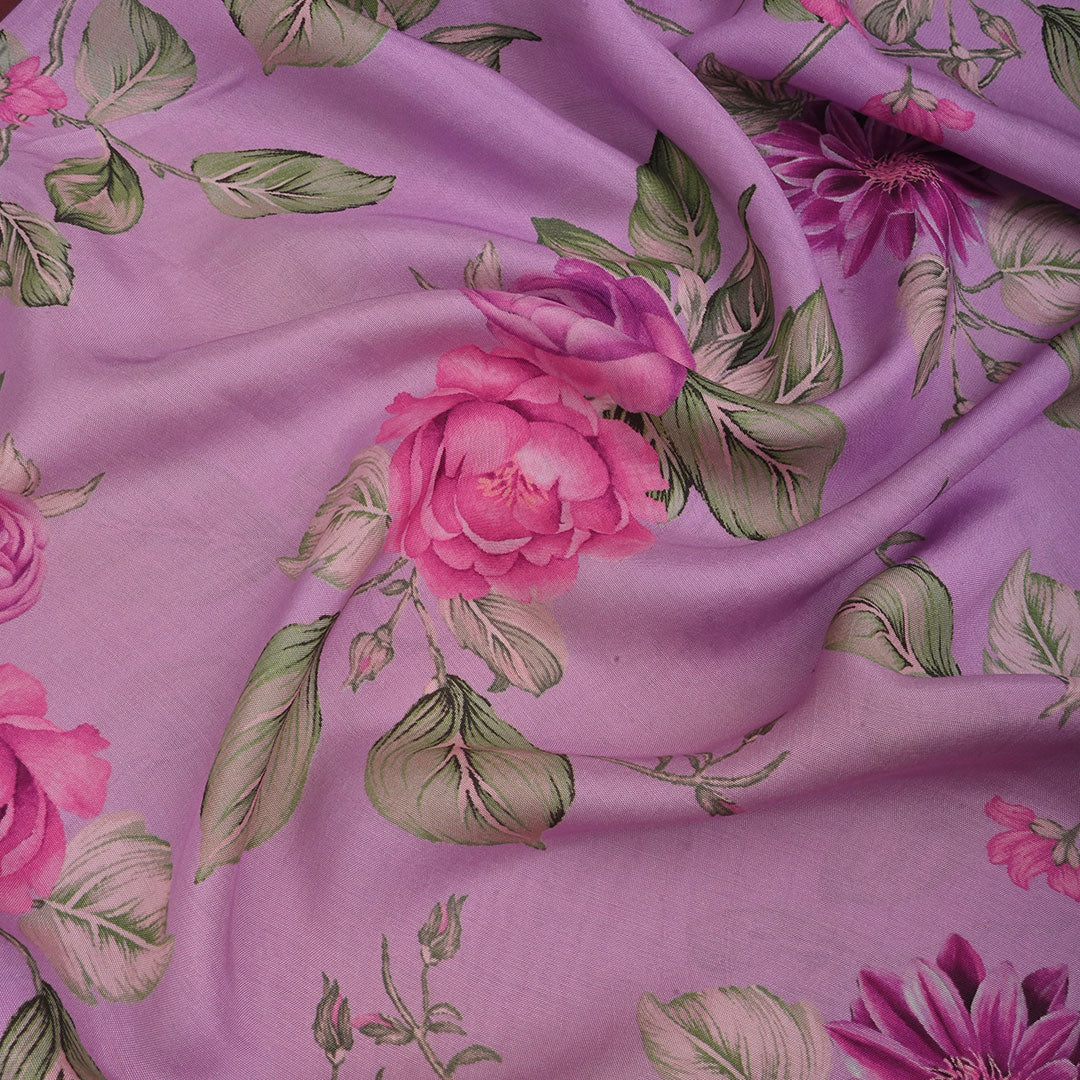 Plum Purple Printed Satin Fabric With Floral Pattern