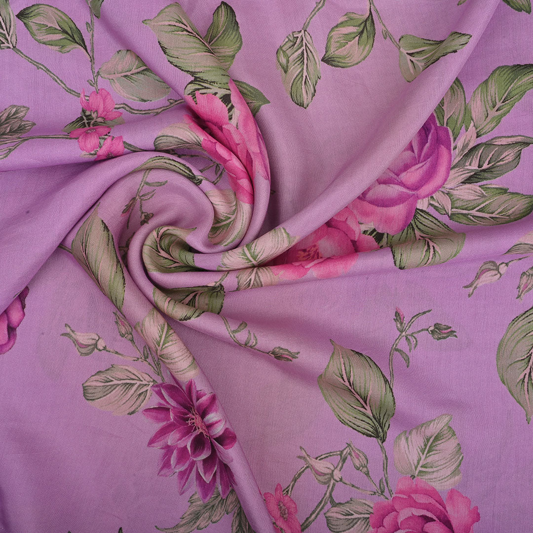 Plum Purple Printed Satin Fabric With Floral Pattern