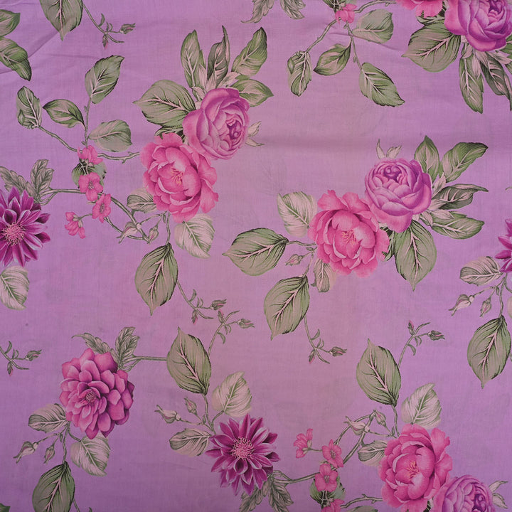 Plum Purple Printed Satin Fabric With Floral Pattern