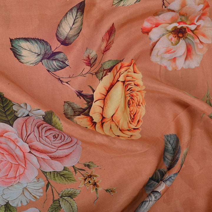 Bright Peach Printed Satin Fabric With Floral Pattern