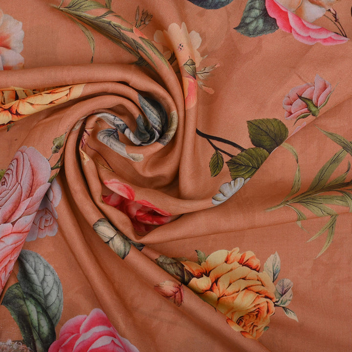 Bright Peach Printed Satin Fabric With Floral Pattern