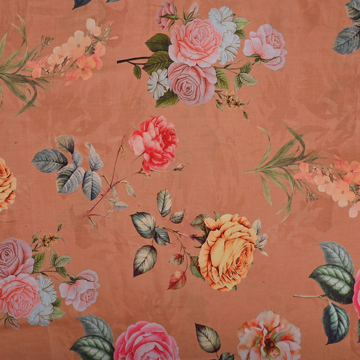 Bright Peach Printed Satin Fabric With Floral Pattern