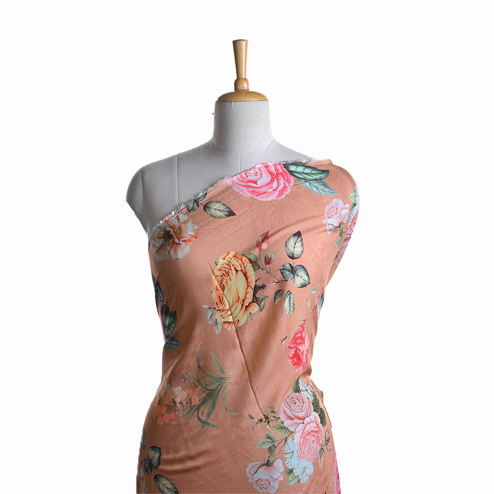 Bright Peach Printed Satin Fabric With Floral Pattern