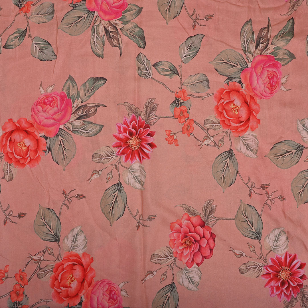 Pastel Peach Printed Satin Fabric With Floral Pattern