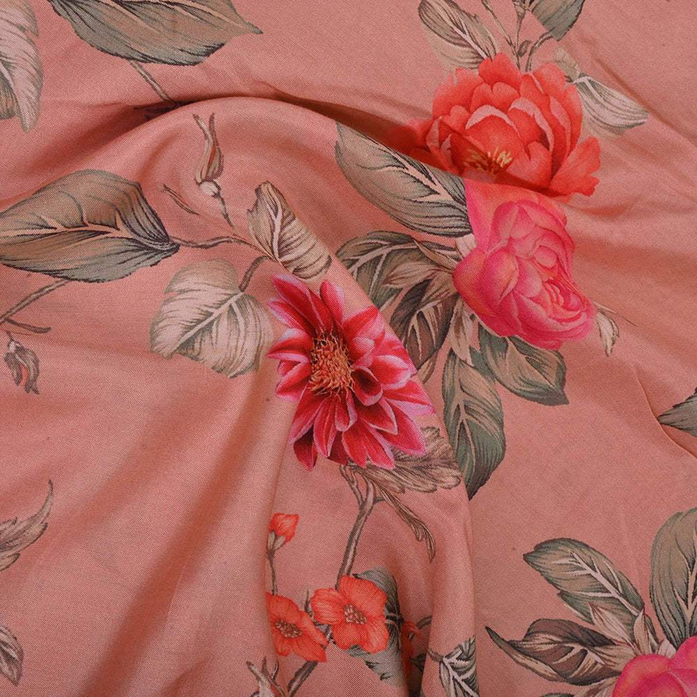 Pastel Peach Printed Satin Fabric With Floral Pattern