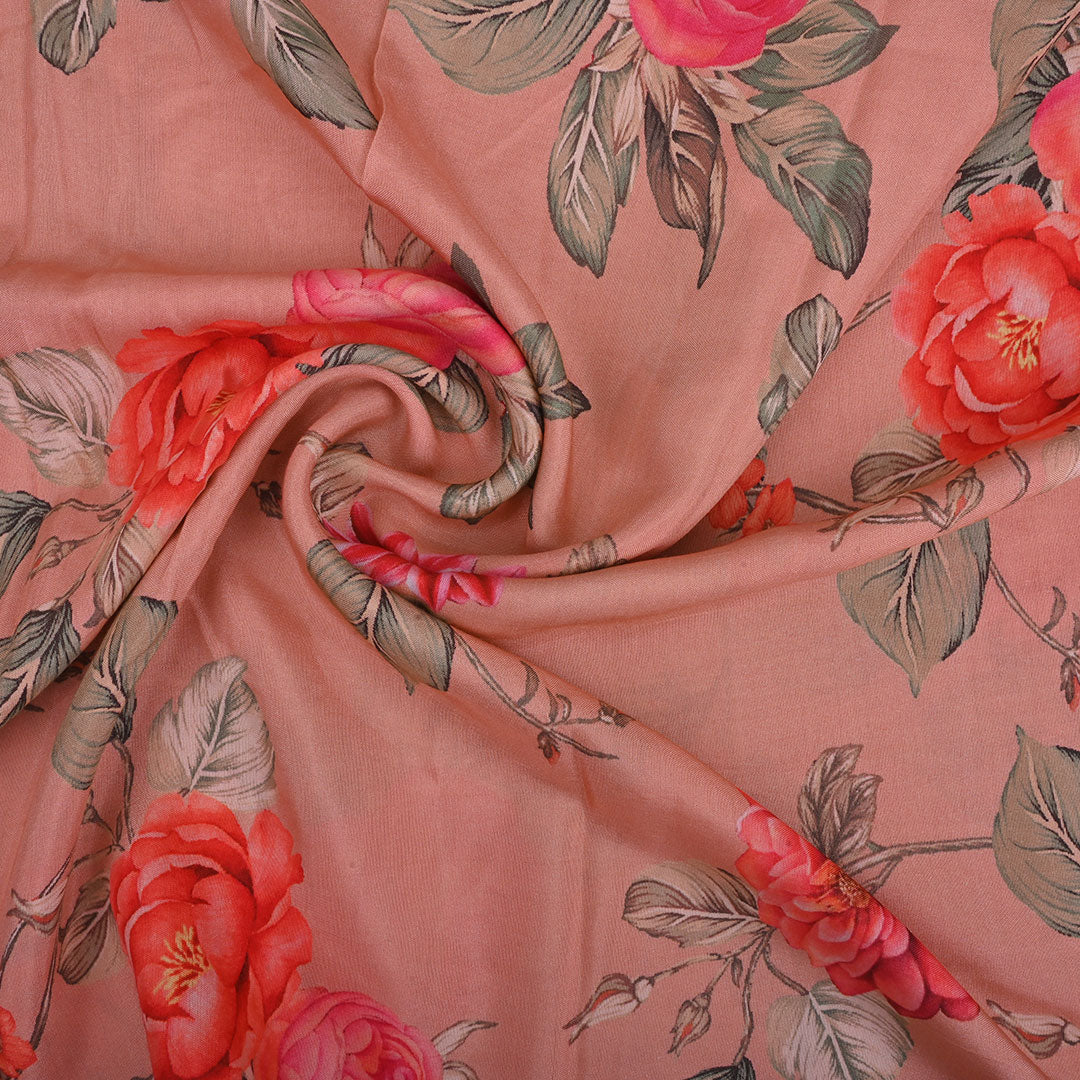 Pastel Peach Printed Satin Fabric With Floral Pattern